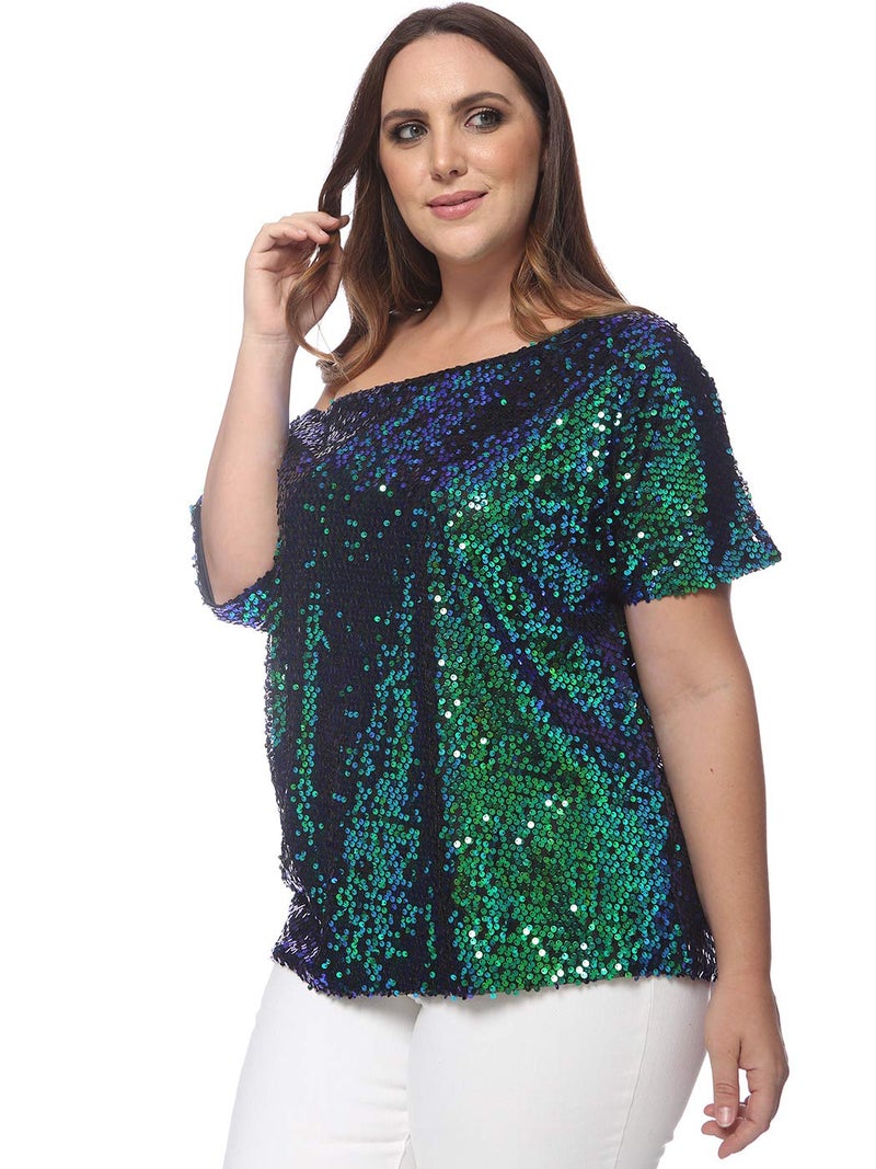 Anna-Kaci Women's Plus Size Sequin Sexy One Shoulder Short Sleeve Party Club Top, Mermaid, 2X-Large - Image 4